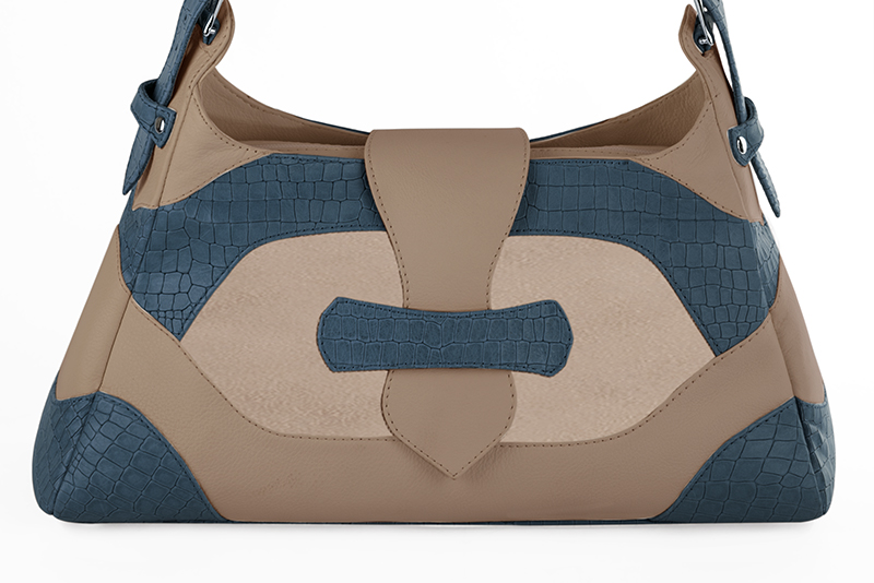 Tan beige and denim blue women's dress handbag, matching pumps and belts. Profile view - Florence KOOIJMAN